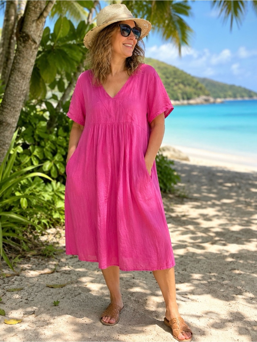 Lino Italy 100% Linen Pink A-Line Dress Women’s L / XL Pockets Lagenlook Resort